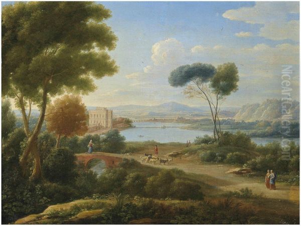 A classical river landscape with figures on a path and a palace in the distance Oil Painting by Hendrik Frans Van Lint