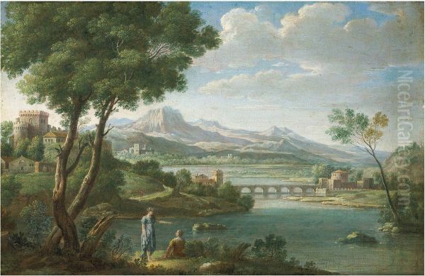 An Italianate landscape with figures resting, a fortress, bridge and mountains beyond Oil Painting by Hendrik Frans van Lint (Studio Lo)