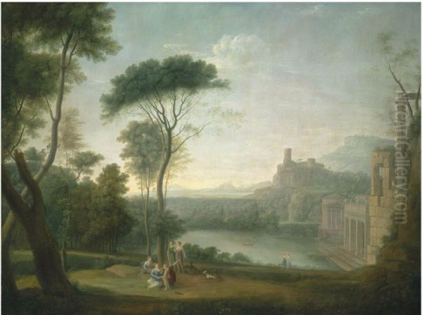 An extensive Italianate wooded landscape Oil Painting by Hendrik Frans Van Lint