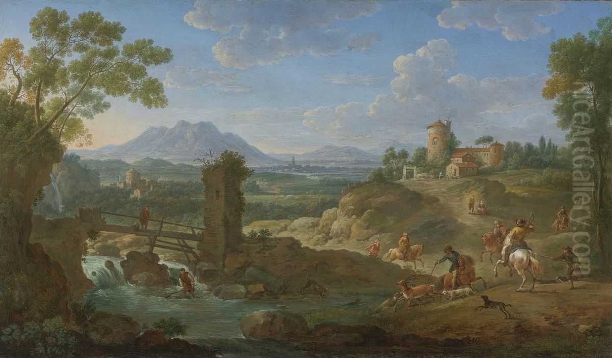 Elegant hunting party in an extensive landscape with mountains beyond Oil Painting by Hendrik Frans van Lint (Studio Lo)