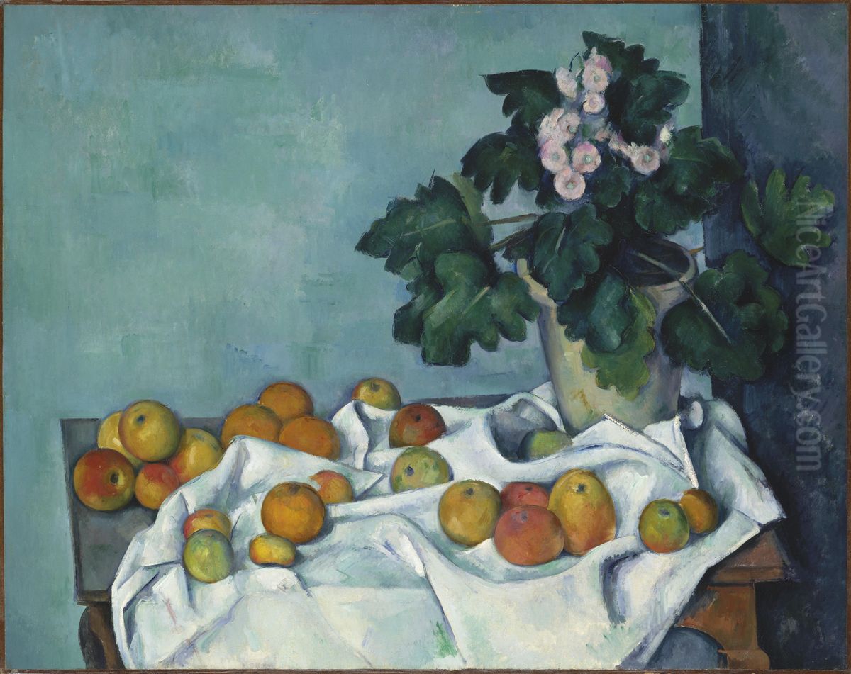 Still Life with Apples and a Pot of Primroses Oil Painting by Paul Cezanne