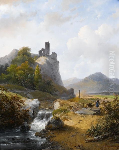 German Landscape with Ruin Oil Painting by Andreas Schelfhout