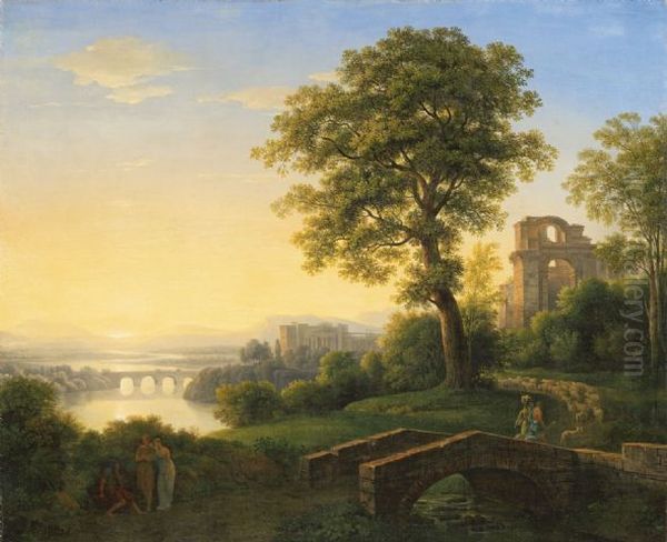Arcadian Landscape with Castle, Ruins and Bridges Oil Painting by Johann Nepomuk Schodlberger