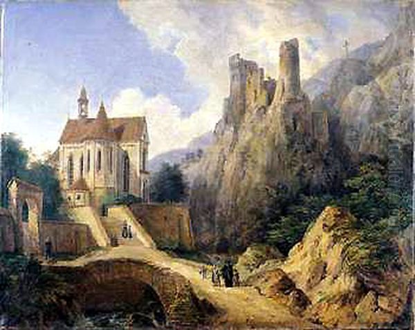 Landscape at Kobern on the river Moselle Oil Painting by Domenico Quaglio the Younger