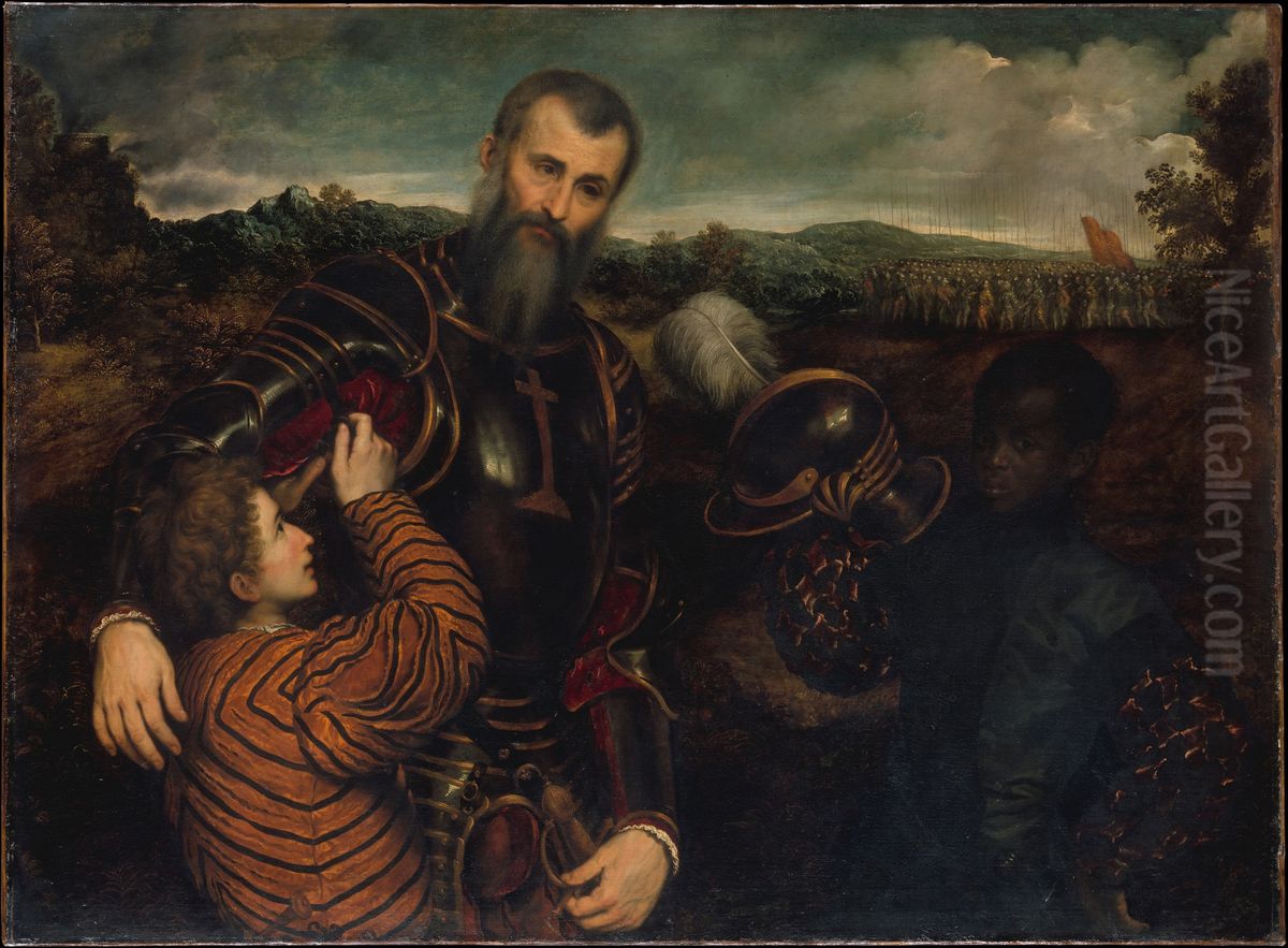 Portrait of a Man in Armor with Two Pages Oil Painting by Paris Bordone