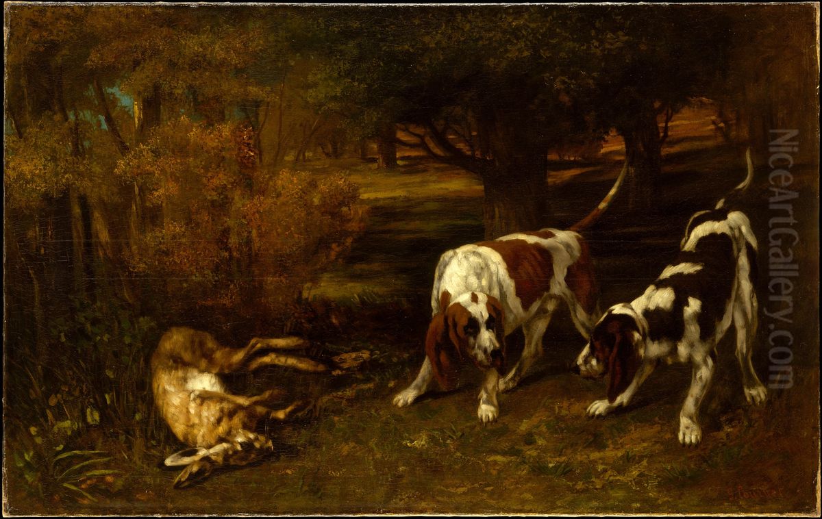 Hunting Dogs with Dead Hare Oil Painting by Gustave Courbet