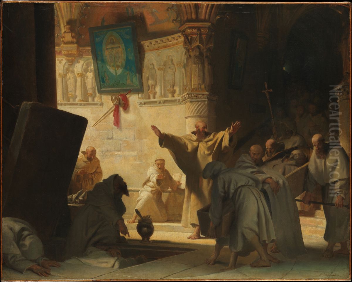 Dramatic Scene with Monks in a Crypt Oil Painting by Alexandre-Evariste Fragonard