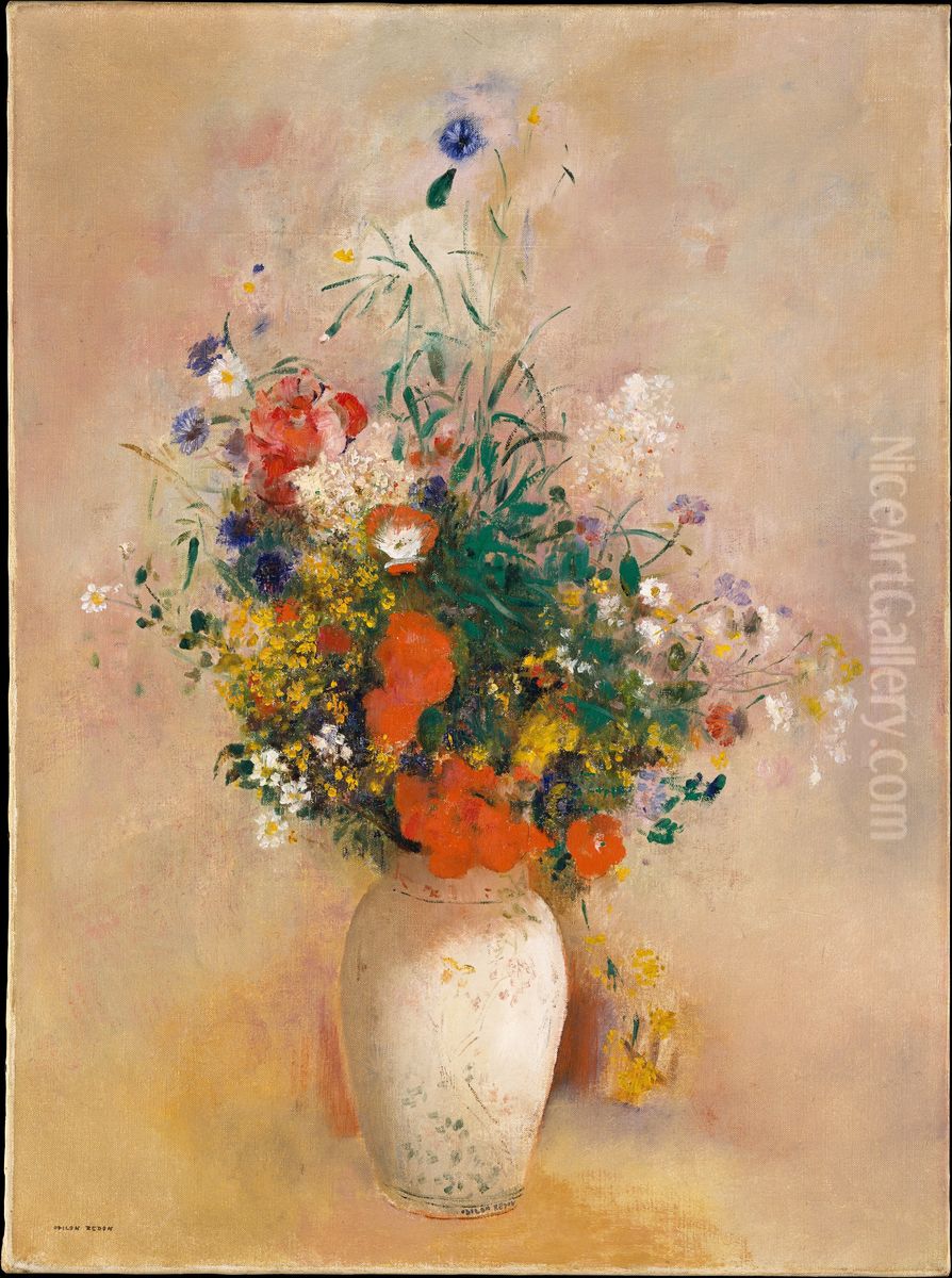 Vase of Flowers (Pink Background) Oil Painting by Odilon Redon
