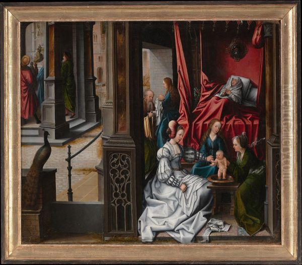 The Birth and Naming of Saint John the Baptist; (reverse) Trompe-l'oeil with Painting of The Man of Sorrows Oil Painting by Orley, Bernard van