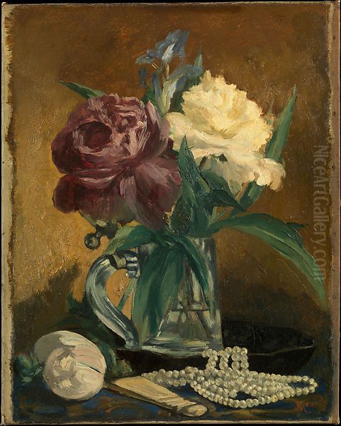 Nature morte avec fleurs, eventail et perles Oil Painting by Edouard Manet