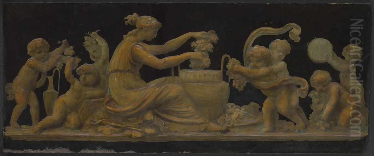 Nymph and Putti in a Vintage Scene; Nymph with a Wreath and Putti with Garlands of Flowers Oil Painting by Piat Joseph Sauvage