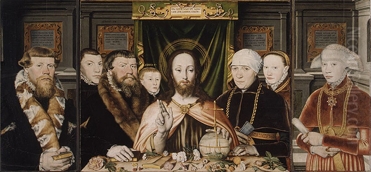 Christ Blessing, Surrounded by a Donor and His Family Oil Painting by Ludger Tom Ring the Younger