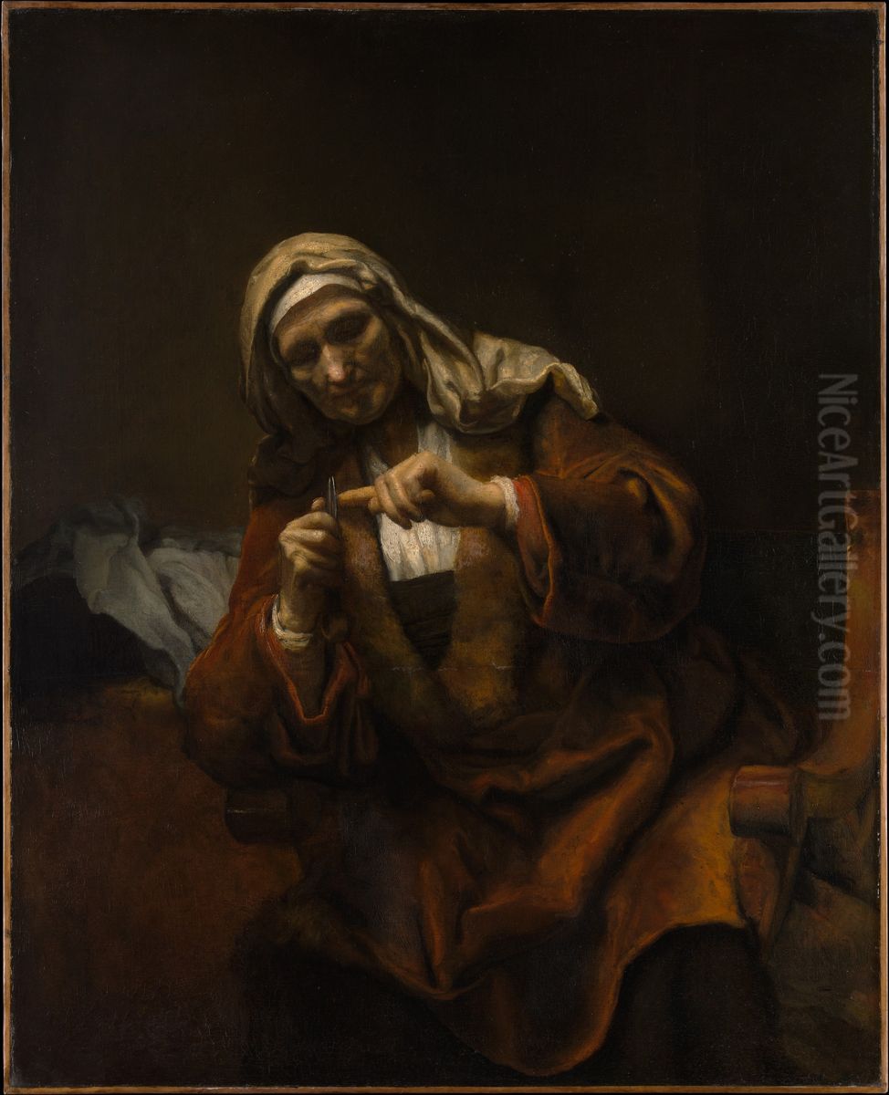 Old Woman Cutting Her Nails Oil Painting by Rembrandt