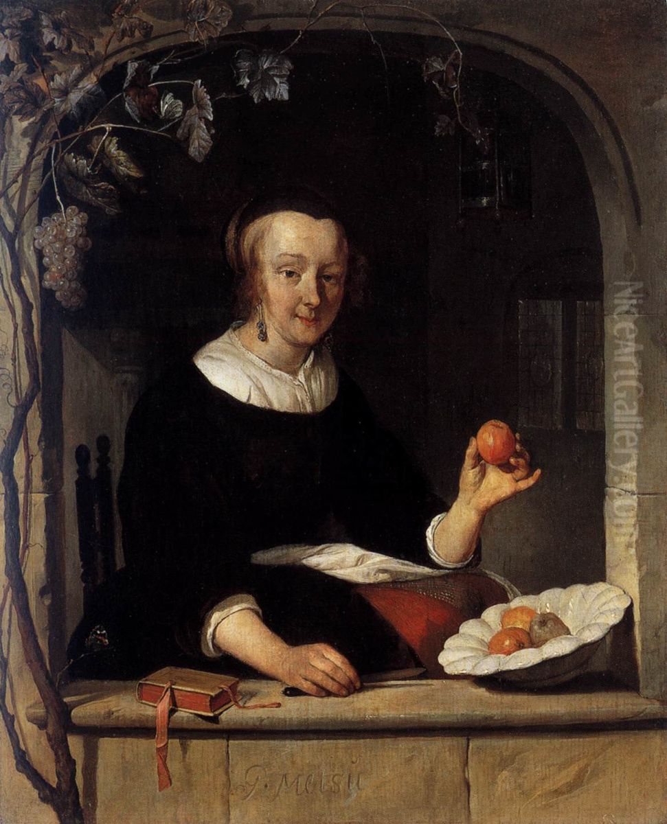 A Woman Seated at a Window Oil Painting by Gabriel Metsu
