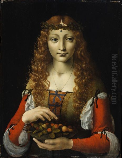 Girl with Cherries Oil Painting by Marco D'Oggiono