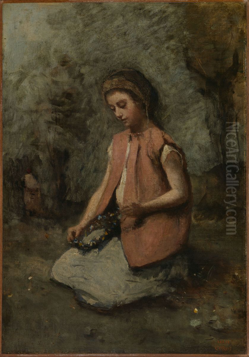 Girl Weaving a Garland Oil Painting by Jean-Baptiste Camille Corot