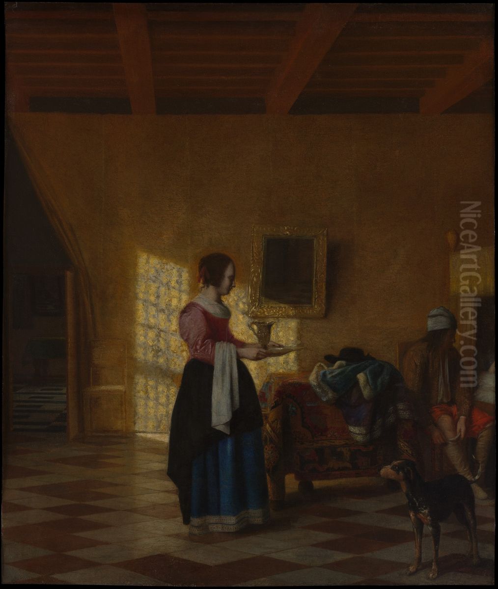 Woman with a Water Pitcher, and a Man by a Bed Oil Painting by Pieter De Hooch