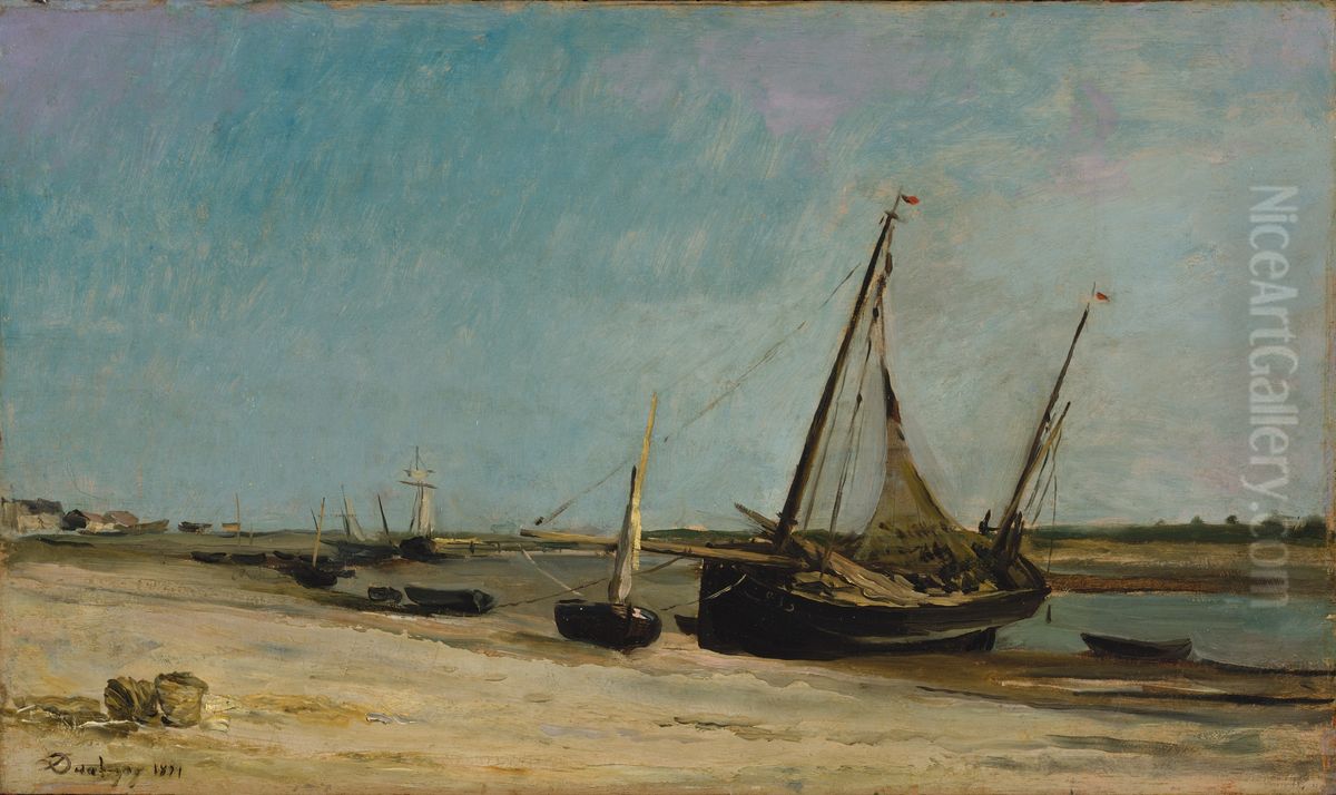 Boats on the Seacoast at Etaples Oil Painting by Charles-Francois Daubigny