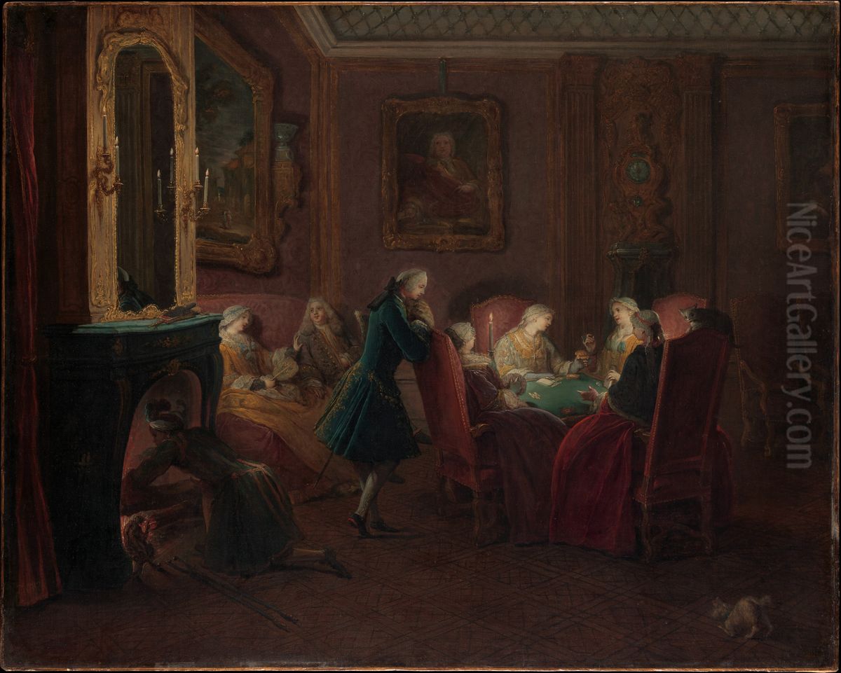 Card Players in a Drawing Room Oil Painting by Pierre Louis Ii Dumesnil