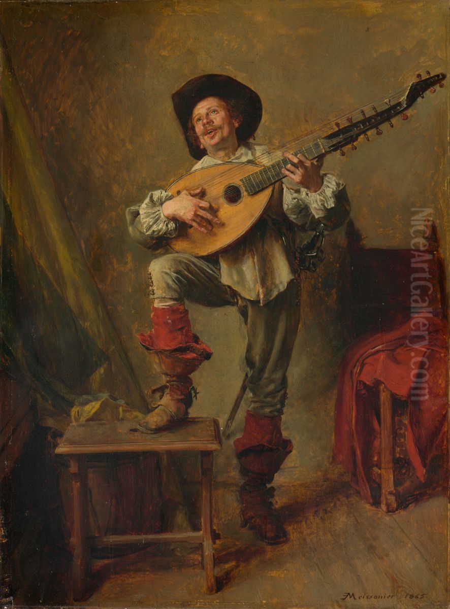 Soldier Playing the Theorbo Oil Painting by Jean-Louis-Ernest Meissonier