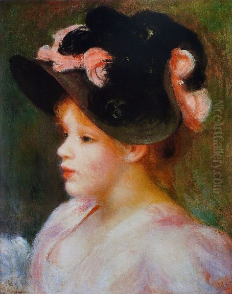 Young Girl in a Pink-and-Black Hat Oil Painting by Pierre-Auguste Renoir
