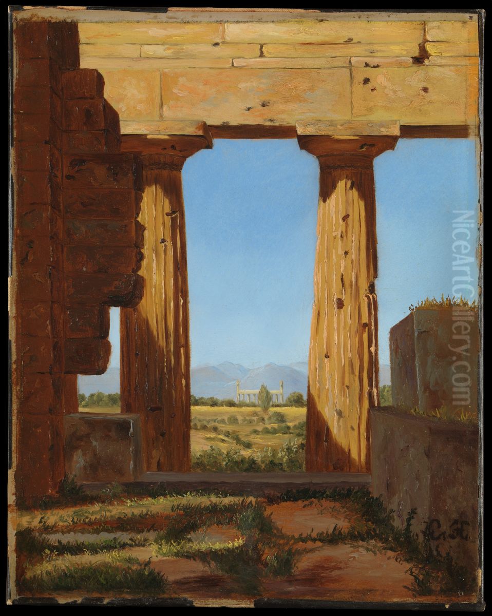 Columns of the Temple of Neptune at Paestum Oil Painting by Constantin Hansen