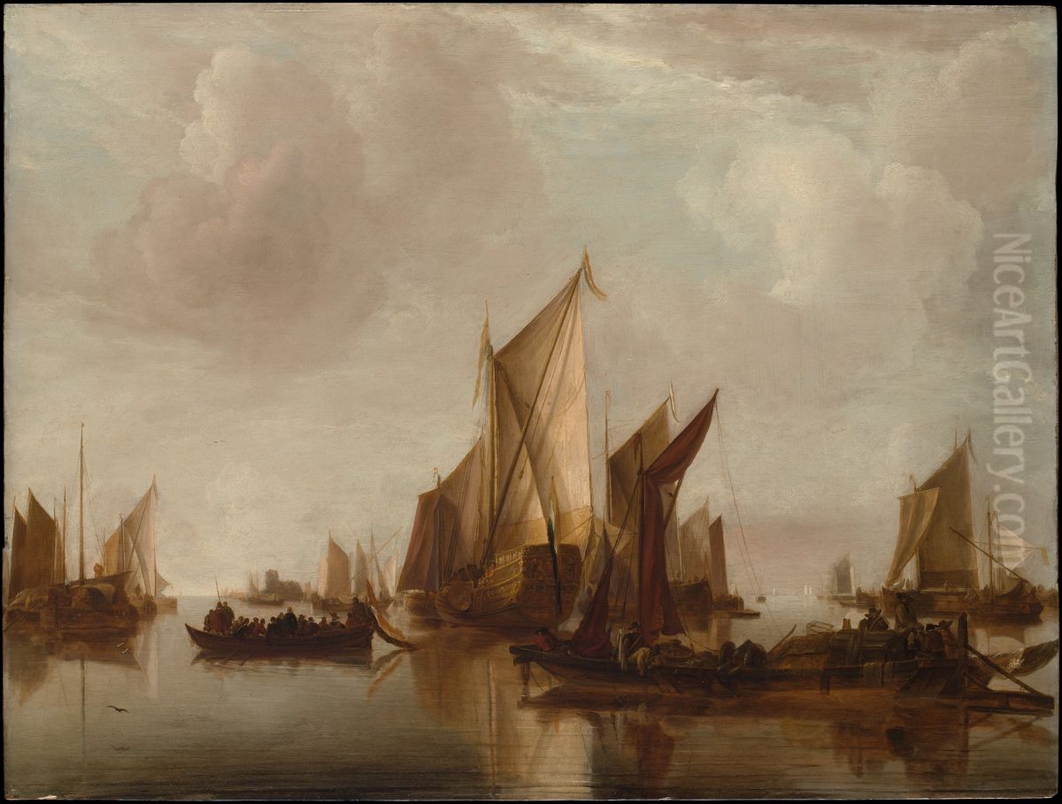 A State Yacht and Other Craft in Calm Water Oil Painting by Jan Van De Cappelle