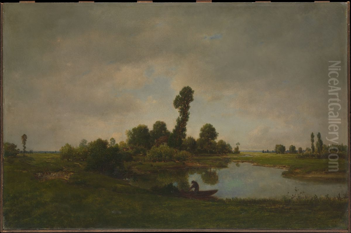A River Landscape Oil Painting by Theodore Rousseau