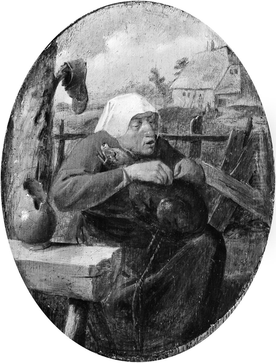 A Peasant Woman Picking Fleas off a Dog Oil Painting by Adriaen Brouwer