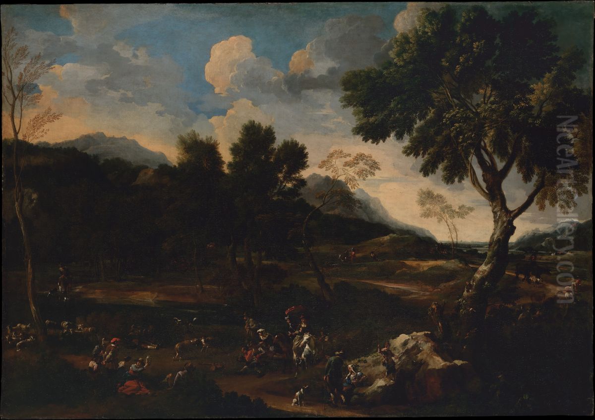 Landscape with a battle between two rams Oil Painting by Jan Miel