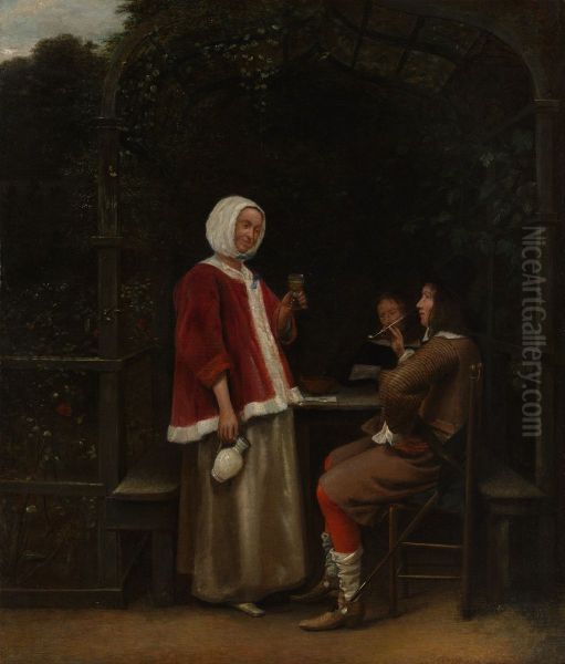 A Woman and Two Men in an Arbor Oil Painting by Pieter De Hooch