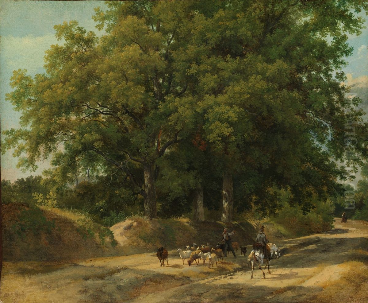 A Shepherd and a Rider on a Country Lane Oil Painting by Auguste-Xavier Leprince