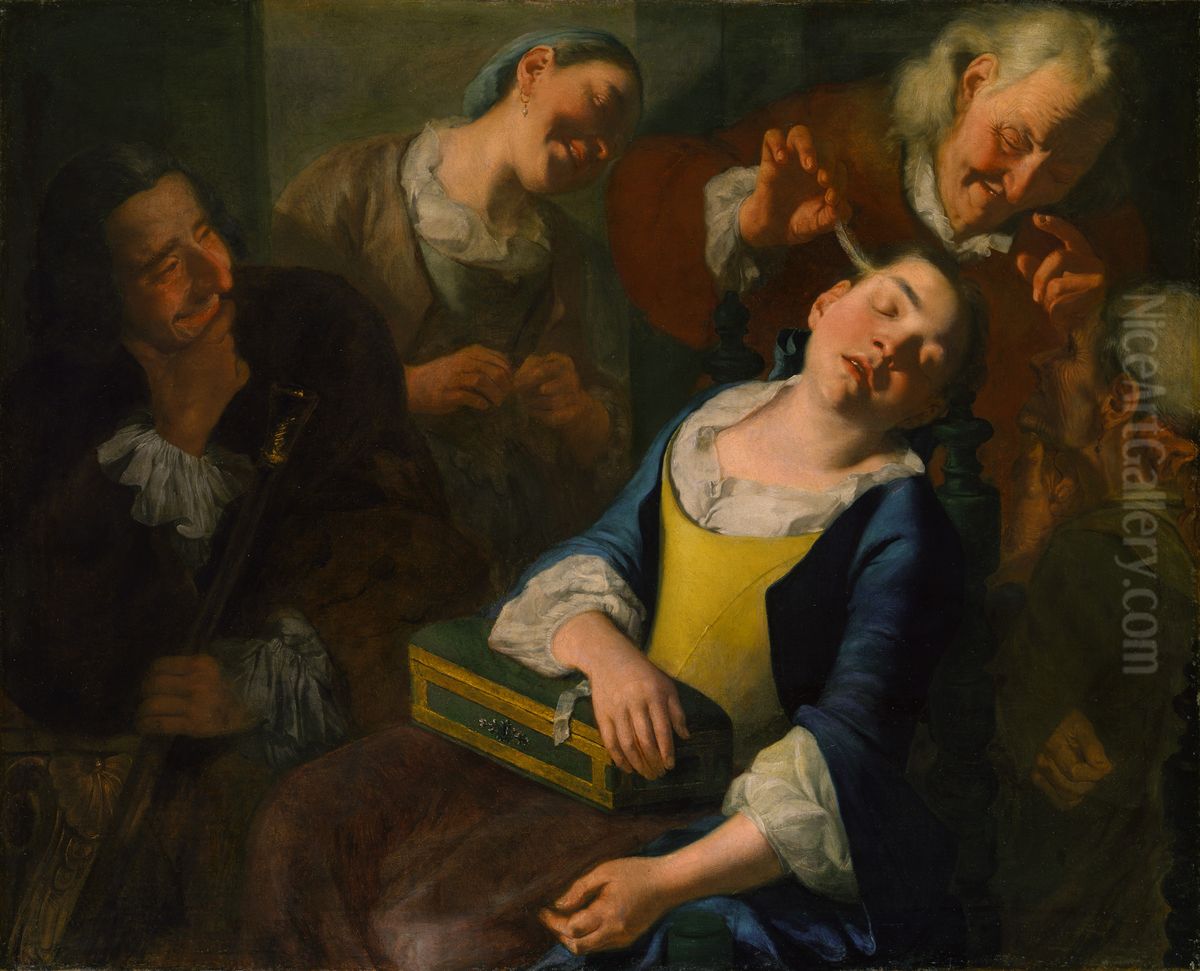 Teasing a Sleeping Girl Oil Painting by Gaspare Traversi
