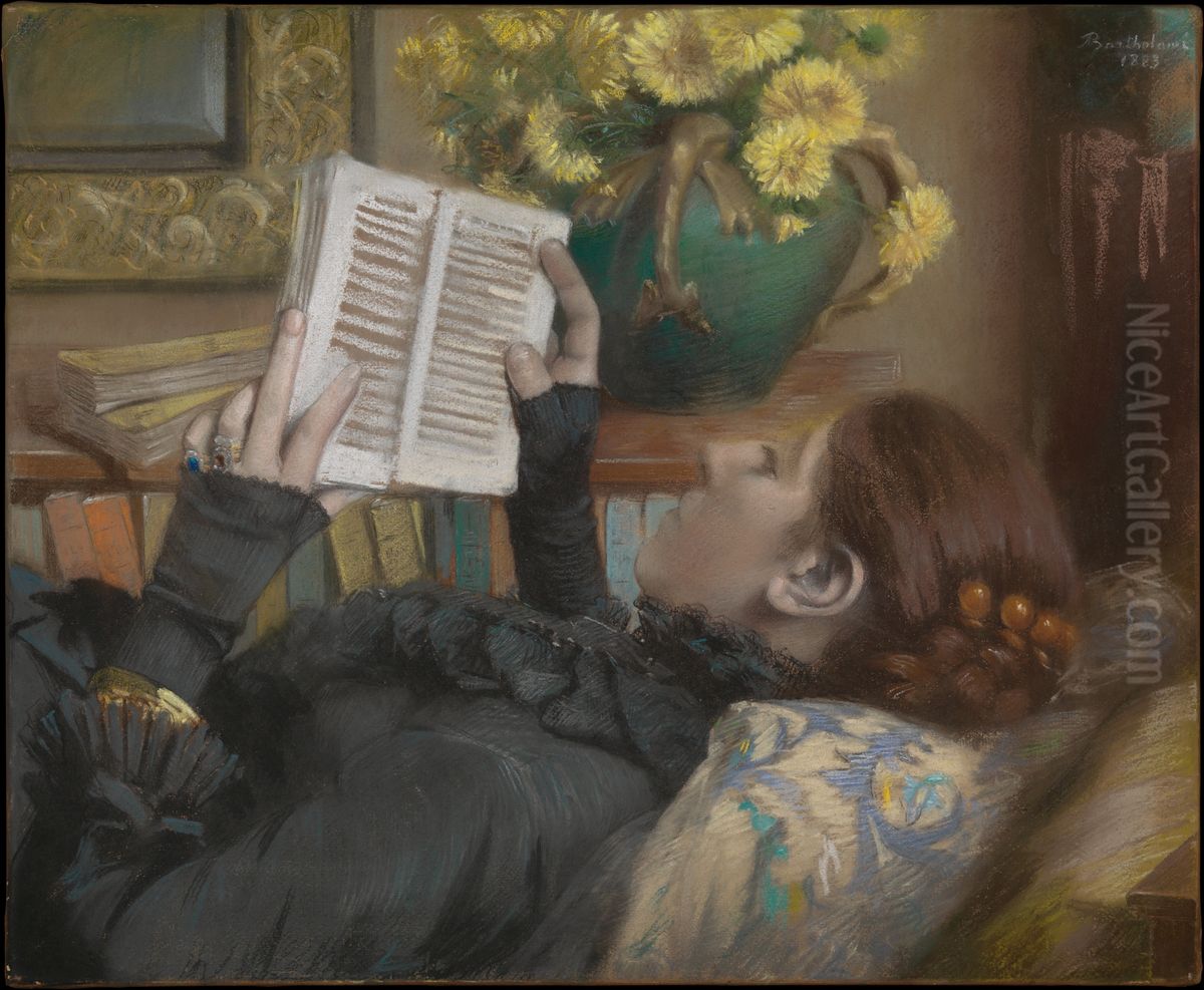 The Artist's Wife (Perie, 1849-1887) Reading Oil Painting by Albert Bartholome