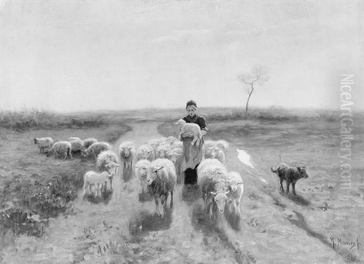 A Shepherdess and Her Flock Oil Painting by Anton Mauve