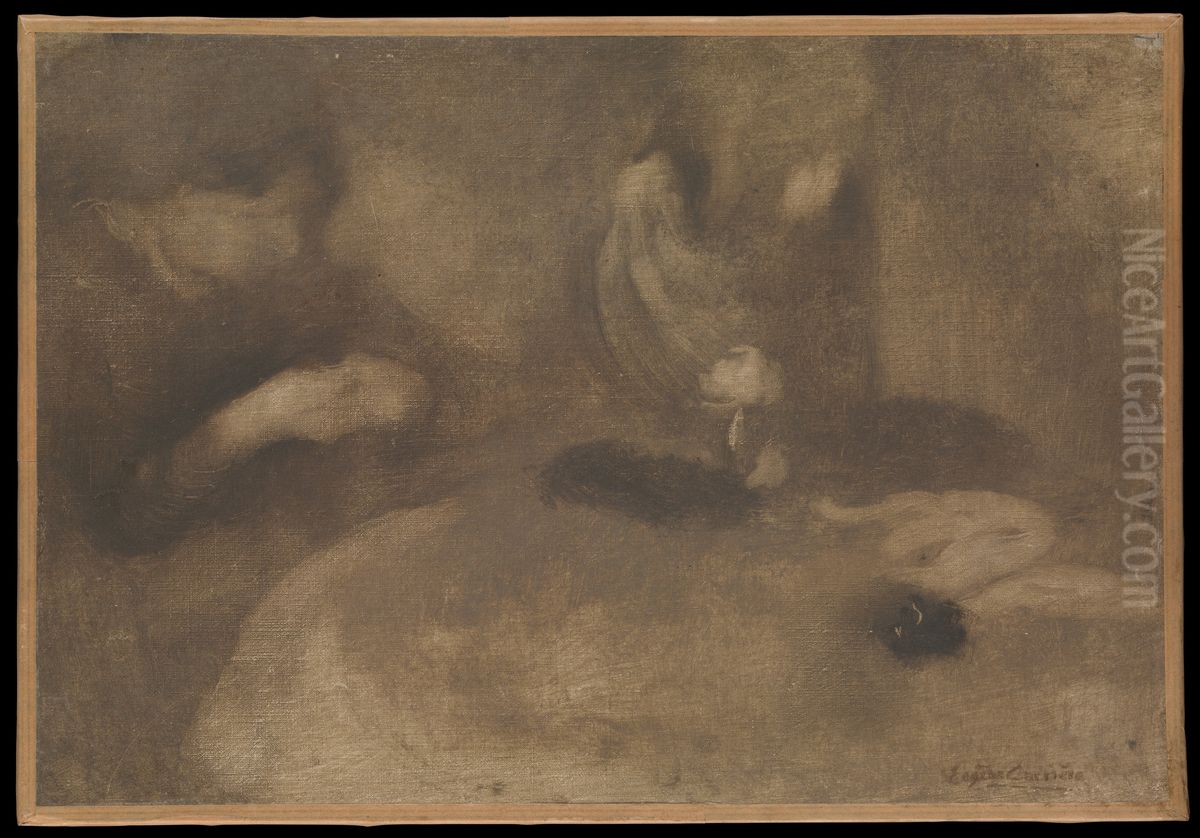 Women Sewing at a Table Oil Painting by Eugene Carriere Women Sewing at a Table Oil Painting by Eugene Carriere