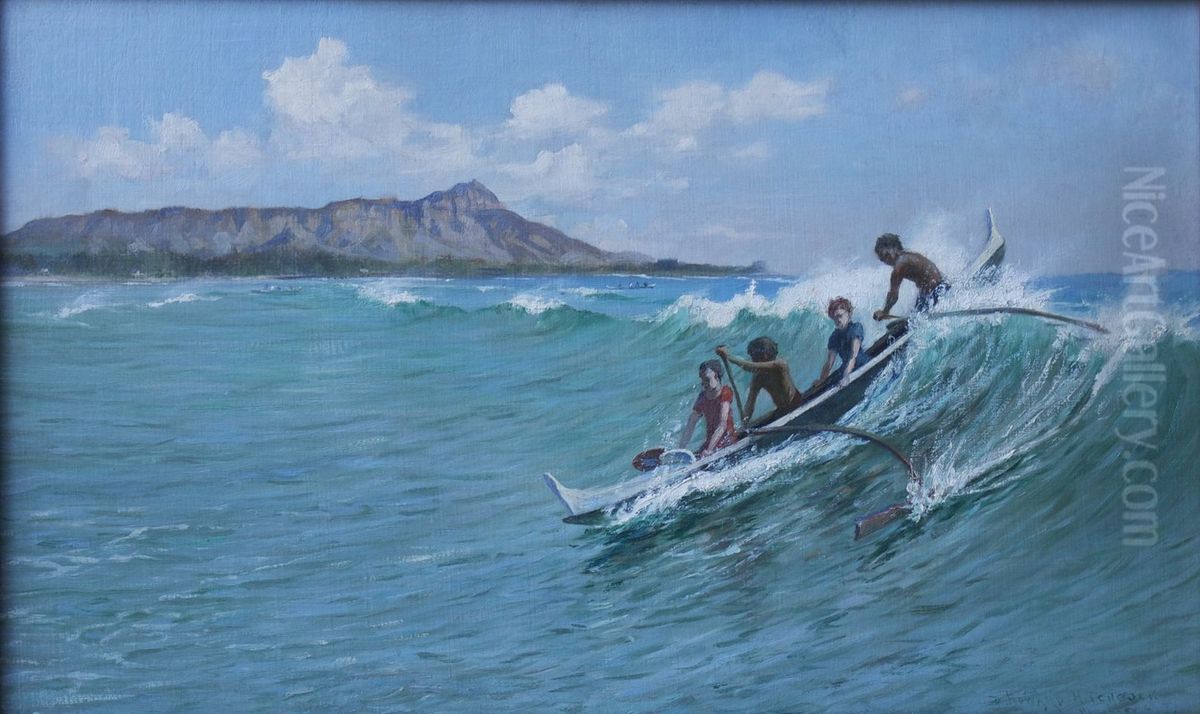 Canoe Surfing, Waikiki Oil Painting by D. Howard Hitchcock