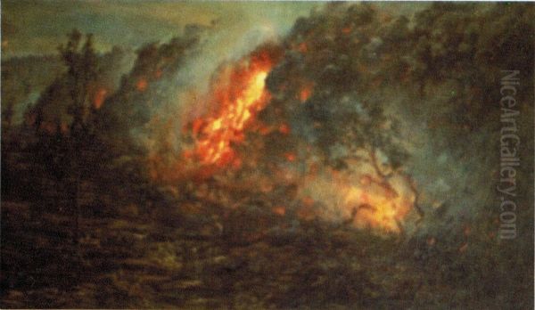 Lava Flow Burning Trees Oil Painting by D. Howard Hitchcock