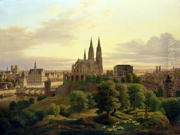 A Medieval Town Oil Painting by Carl Hasenpflug