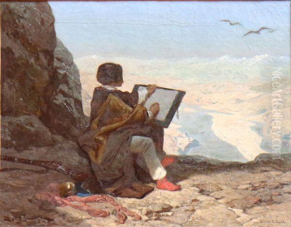 Jules Laurens peignant l'Euphrate. Oil Painting by Jules Didier
