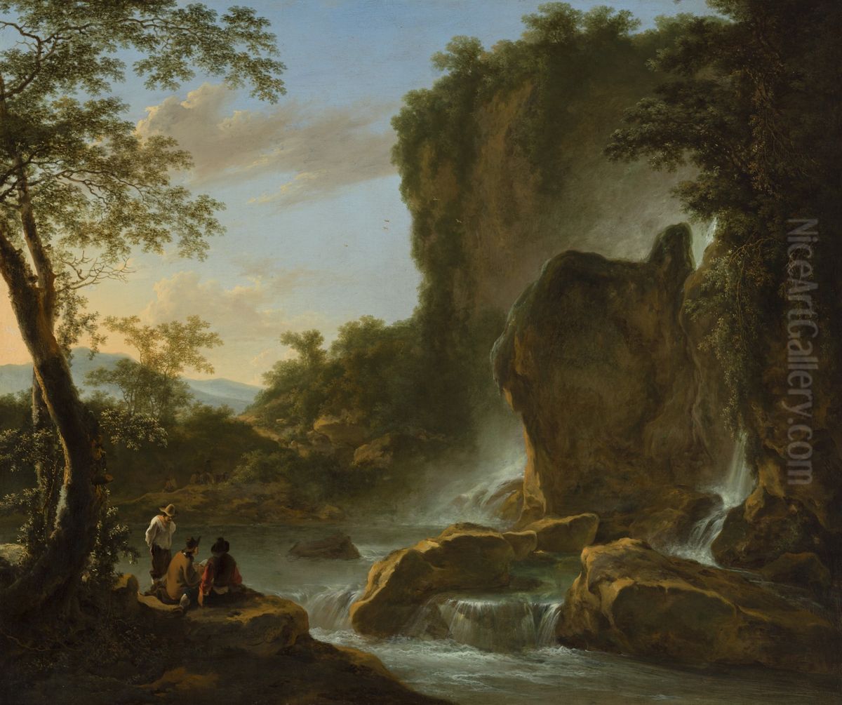 Men resting in a wooded mountain landscape with waterfalls Oil Painting by Jan Both