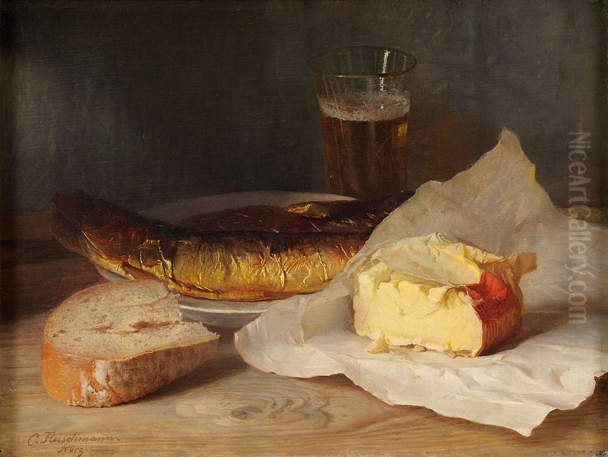 Still Life with Fish, Cheese and Bread Oil Painting by Carl Fleischmann Still Life with Fish, Cheese and Bread Oil Painting by Carl Fleischmann
