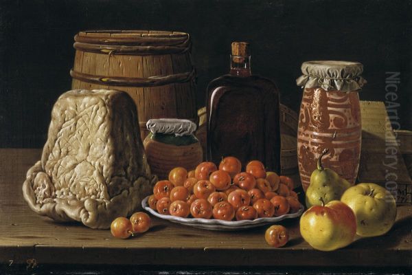 Bodegon con plato de acerolas, frutas, queso, melero y otros recipientes Oil Painting by Luis Egidio Melendez
