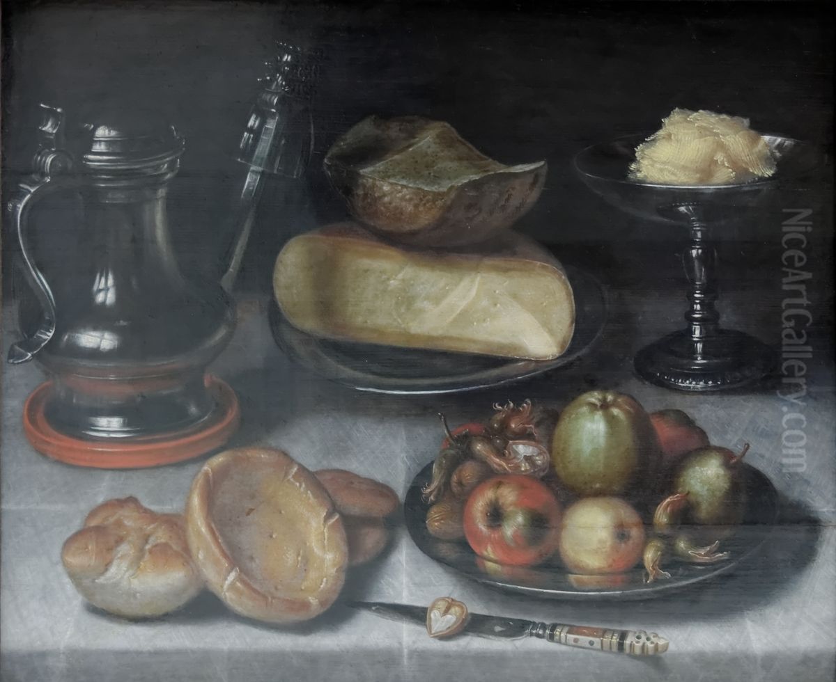 Still life of cheese, bread and fruit on a laid table Oil Painting by Floris van Dyck