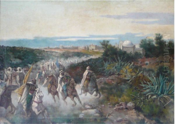 Moros corriendo la polvora Oil Painting by Miguel Navarro Canizares