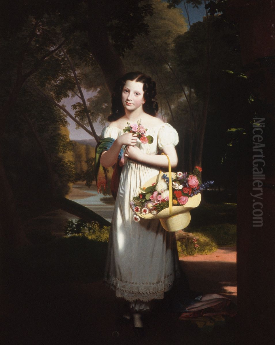 Little Girl with Flowers (Amelia Palmer) Oil Painting by Charles C. Ingham