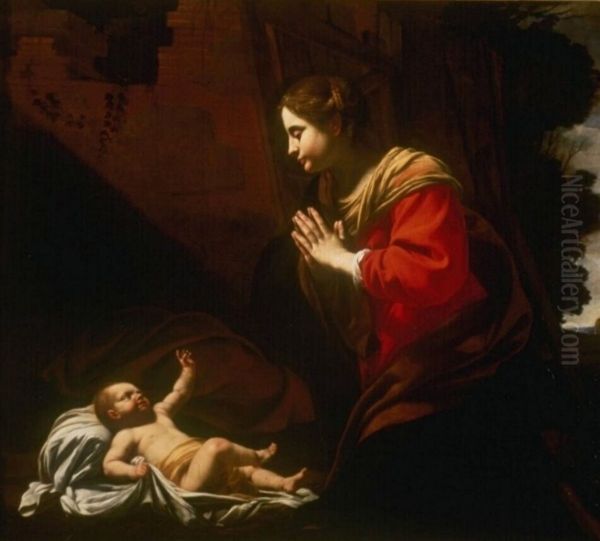 Maria in aanbidding voor Christus Oil Painting by Simon Vouet