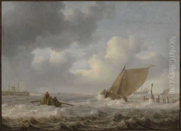 Riviermond met schepen bij stormachtig weer Oil Painting by Jan Porcellis