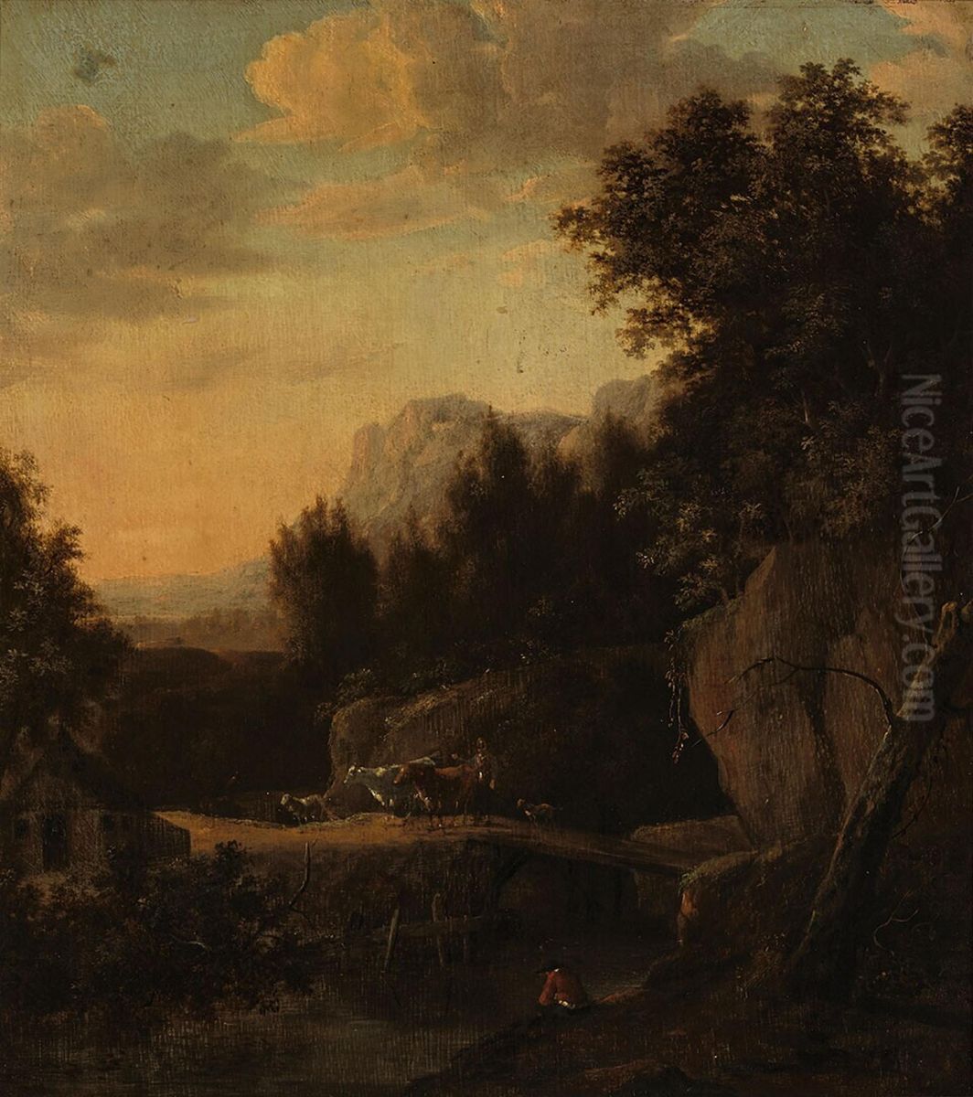 Bergachtig landschap bij avond, een boer drijft langs Oil Painting by Adam Pynacker