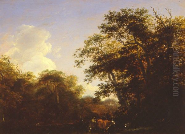 Bosgezicht met vee aan een wed Oil Painting by Cornelis Hendricksz. The Younger Vroom
